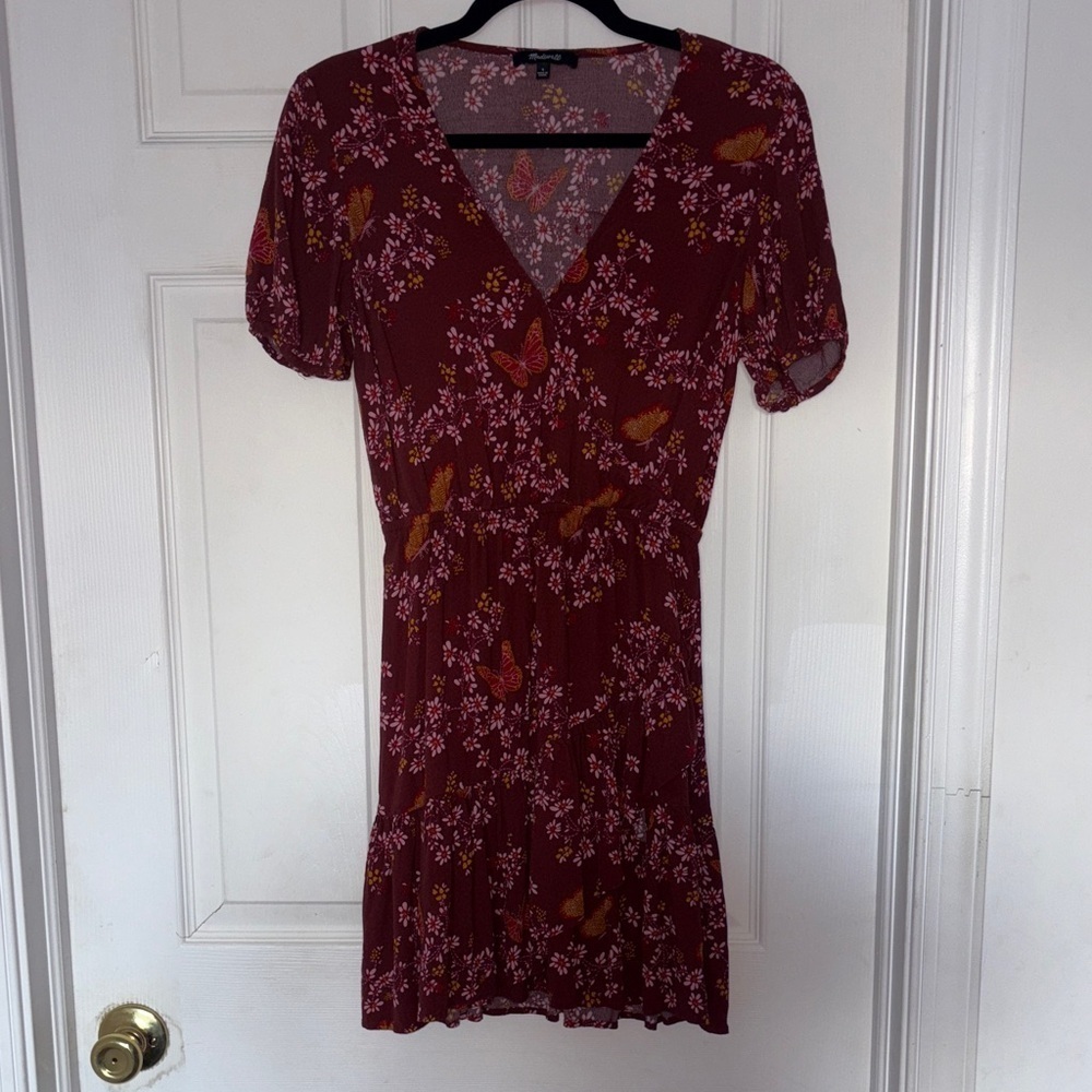 Madewell Ruffle Wrap Windowbox Red Brown Floral Dress Size 4 - Picture 2 of 9